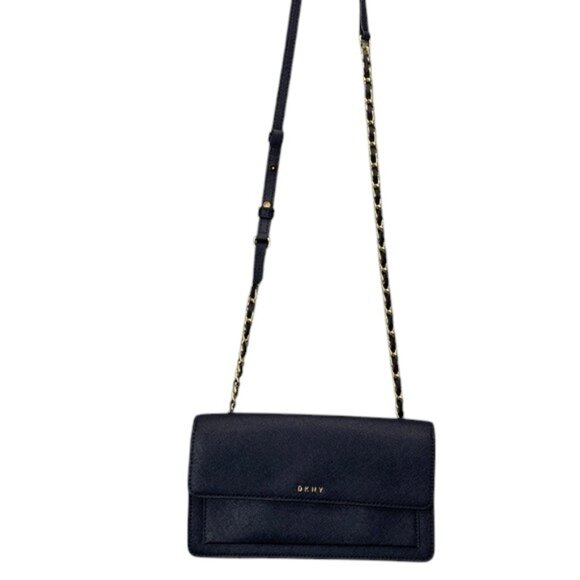 DKNY Women’s Navy Bryant Park Leather Crossbody Bag Gold Chain Shoulder Purse - Picture 1 of 15